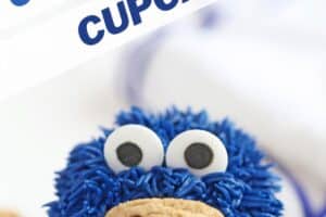 Two photo collage of Cookie Monster Cupcakes with text overlay for Pinterest.