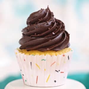 Swirl of glossy chocolate frosting on top of a vanilla cupcake.
