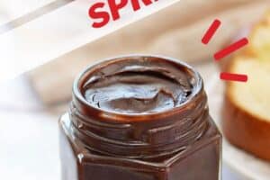 Photo of chocolate spread with text overlay for Pinterest.