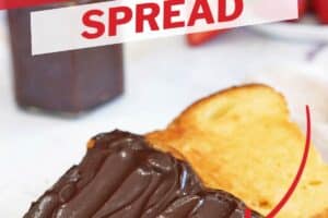 Photo of chocolate spread with text overlay for Pinterest.