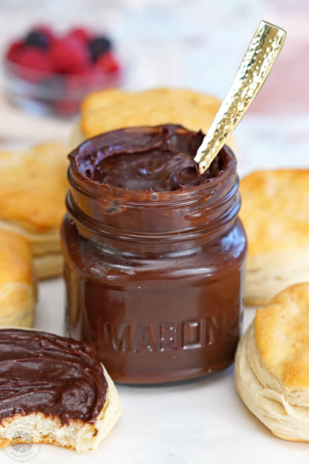 A small jar of Sugar-Free Chocolate Spread next to biscuits.