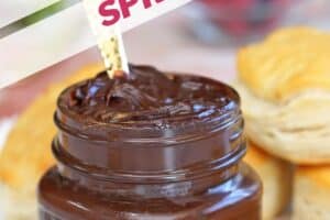 Photo of Sugar-Free Chocolate Spread with text overlay for Pinterest.