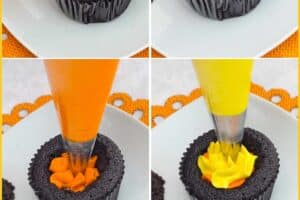 Six-photo collage showing how to fill Candy Corn Cupcakes.