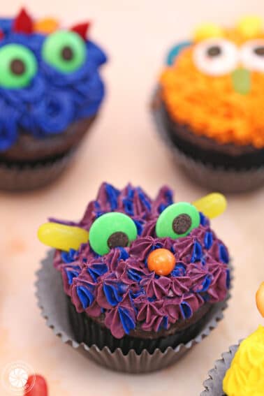 Close up of a colorful Monster Cupcake.