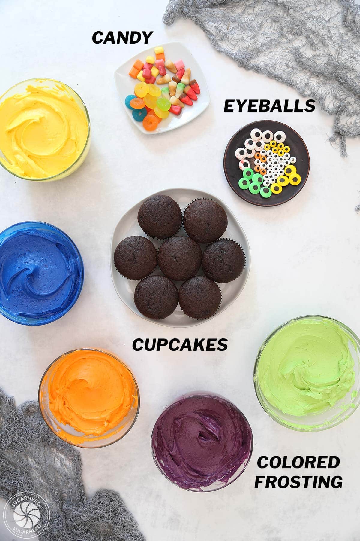 Ingredients needed for Monster Cupcakes with text labels.