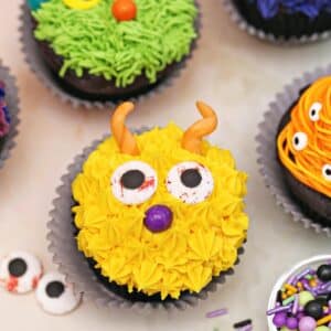 Close up of a yellow Monster Cupcake.