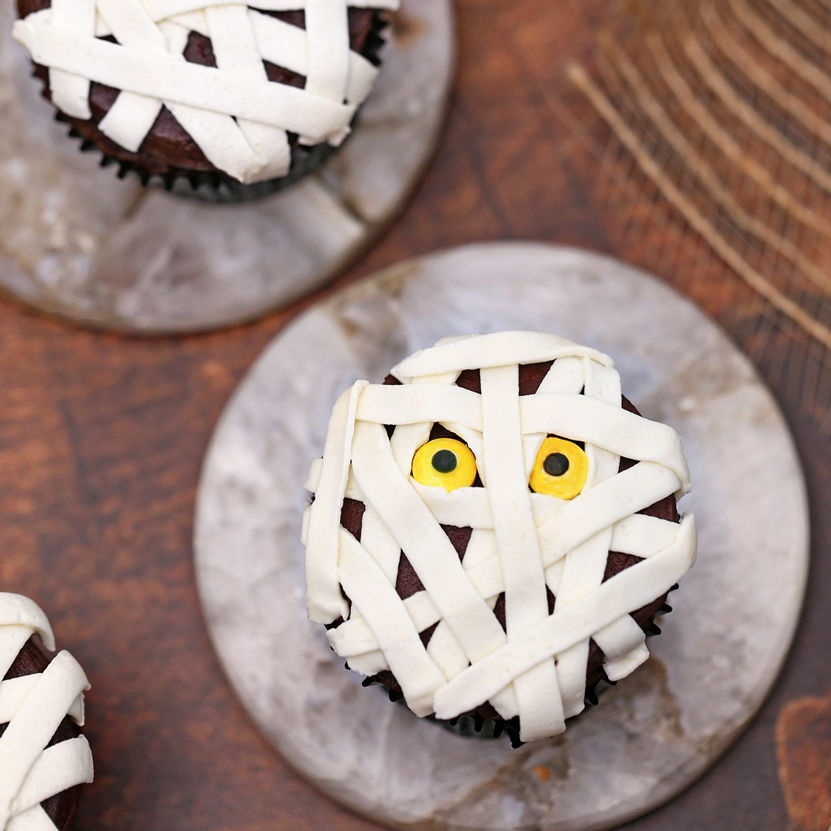 Close up of the top of a Mummy Cupcake.