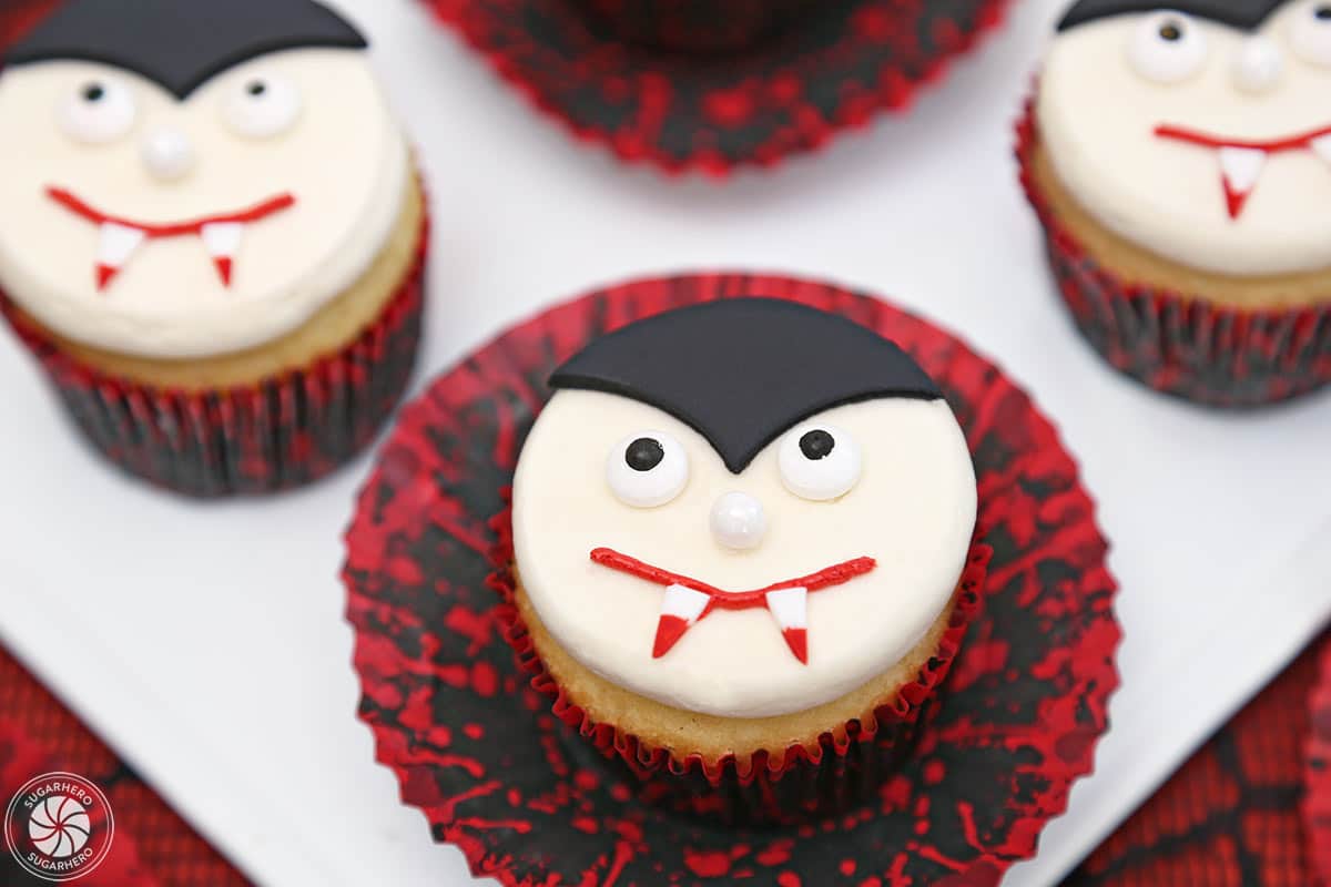 Close up of a Vampire Cupcakes on a white tray.