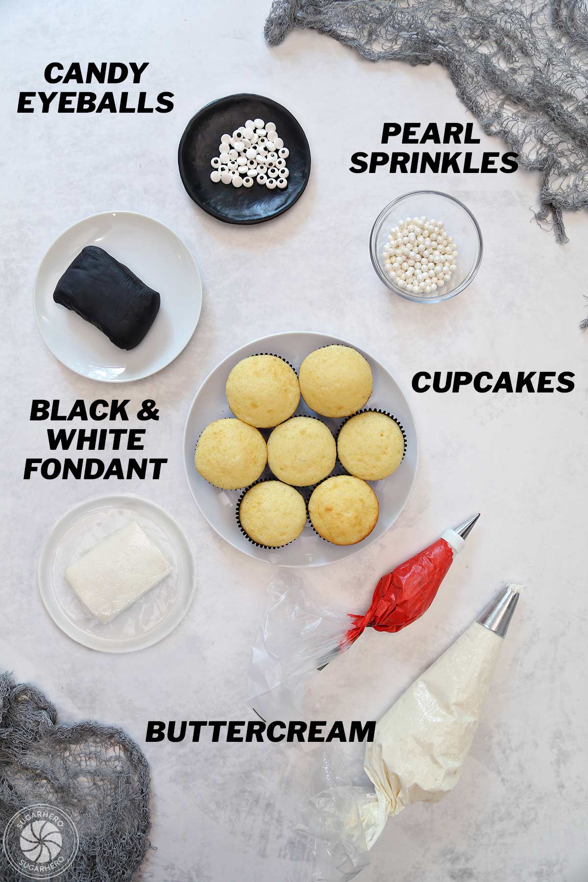 Ingredients needed for Vampire Cupcakes with text labels.