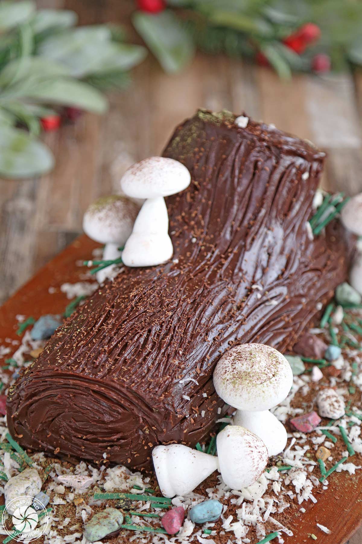 Topview of a Flourless Chocolate Buche de Noel.