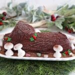 A fully decorated Flourless Chocolate Buche de Noel.