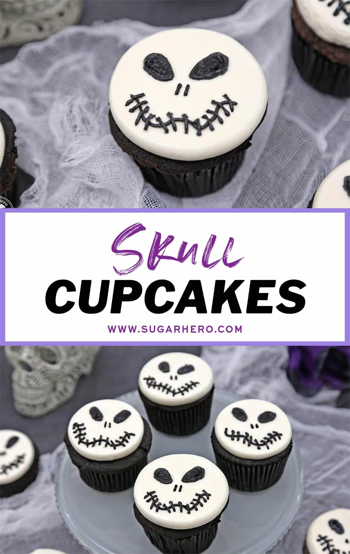 Two photo collage of Skull Cupcakes with text for Pinterest.