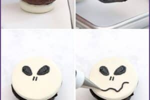 Six photo collage showing how to make and decorate Skull Cupcakes for Halloween.
