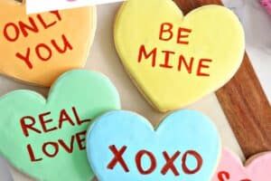 Conversation Heart Sugar Cookies with text overlay for Pinterest.