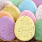Close-up of pastel Speckled Easter Egg Sugar Cookies.