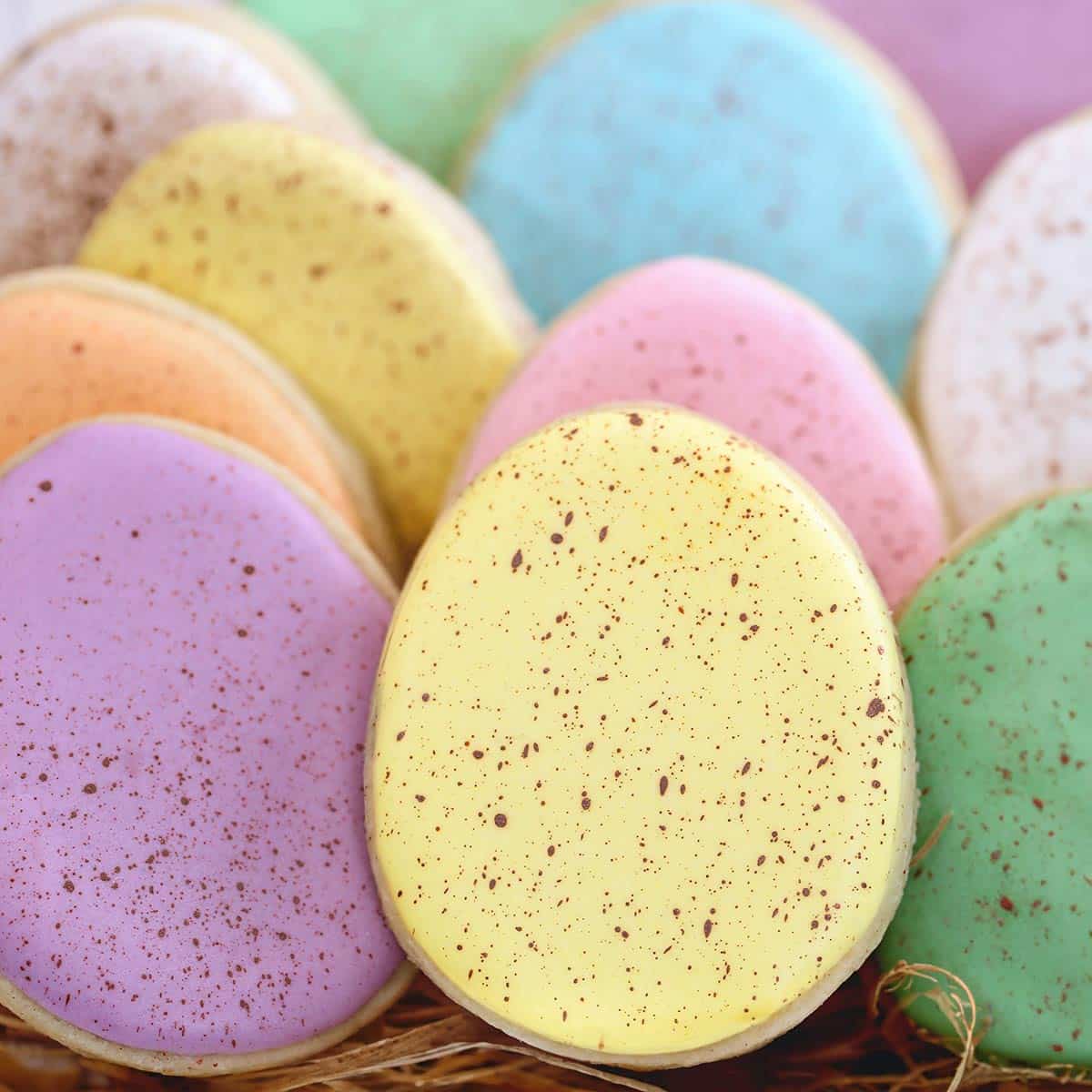 Close-up of pastel Speckled Easter Egg Sugar Cookies.