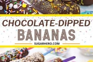 Two photo collage of chocolate-dipped frozen bananas with text overlay for Pinterest.