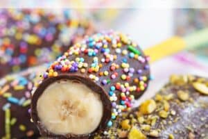 A picture of chocolate-dipped frozen bananas with text overlay for Pinterest.