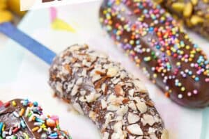 A picture of chocolate-dipped frozen bananas with text overlay for Pinterest.