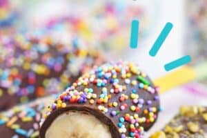 A picture of chocolate-dipped frozen bananas with text overlay for Pinterest.