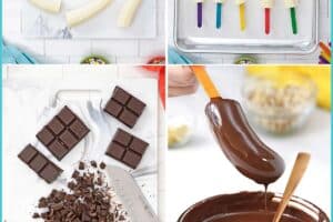 Six photo collage of how to make chocolate-dipped frozen bananas with text title for Pinterest.