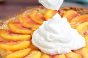 Picture of Fresh Peach Tart with text overlay for Pinterest.