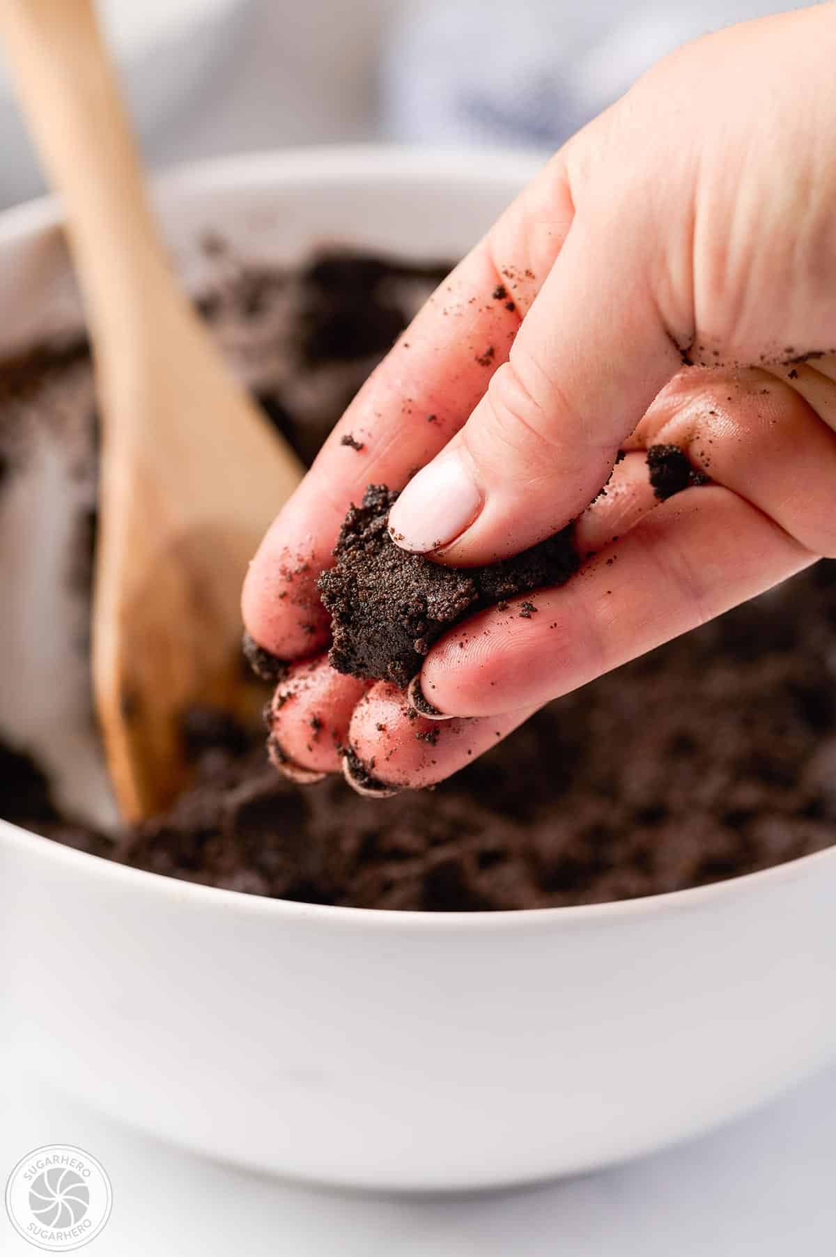 Hand showing Oreo crust mixture.