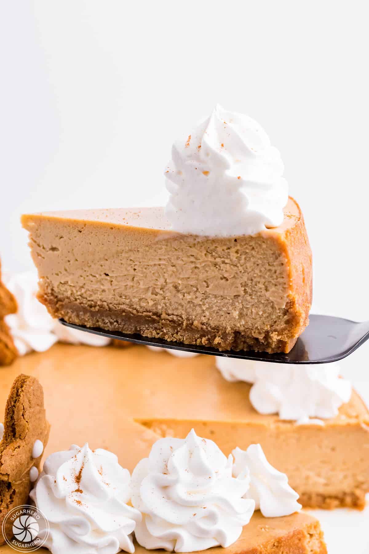 A slice of Gingerbread Cheesecake on a cake slicer.