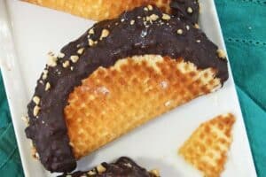Photo of homemade choco tacos with text overlay for Pinterest.
