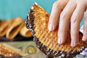 Photo of homemade choco tacos with text overlay for Pinterest.