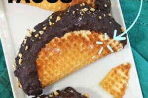 Photo of homemade choco tacos with text overlay for Pinterest.