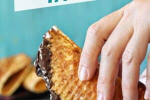 Photo of homemade choco tacos with text overlay for Pinterest.