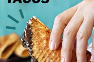 Photo of homemade choco tacos with text overlay for Pinterest.