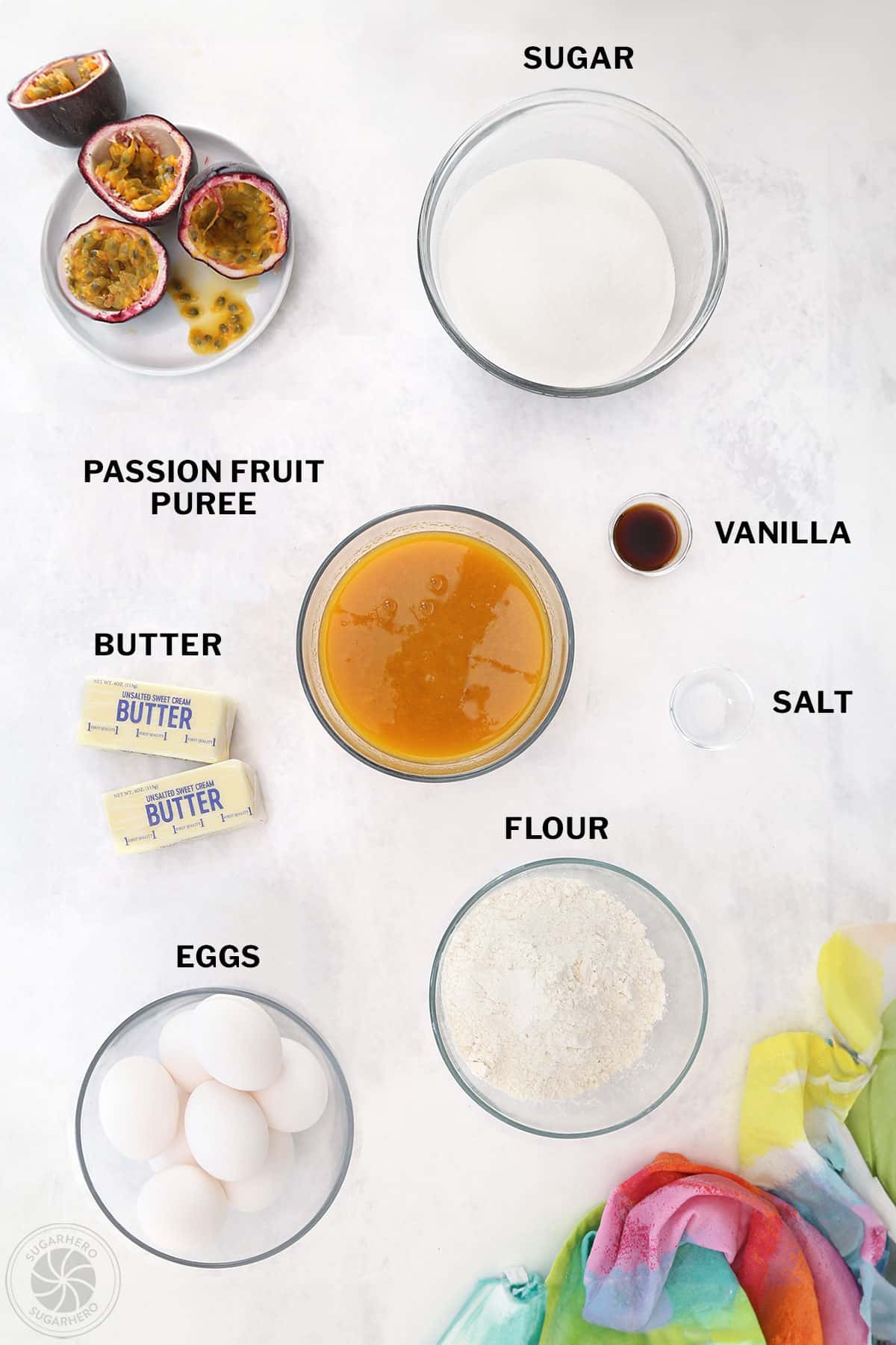 Overhead shot of ingredients needed to make passion fruit bars.