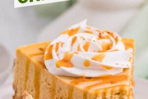 Photo of Pumpkin Spice Cheesecake with text overlay for Pinterest.