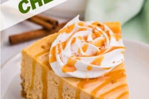 Photo of Pumpkin Spice Cheesecake with text overlay for Pinterest.
