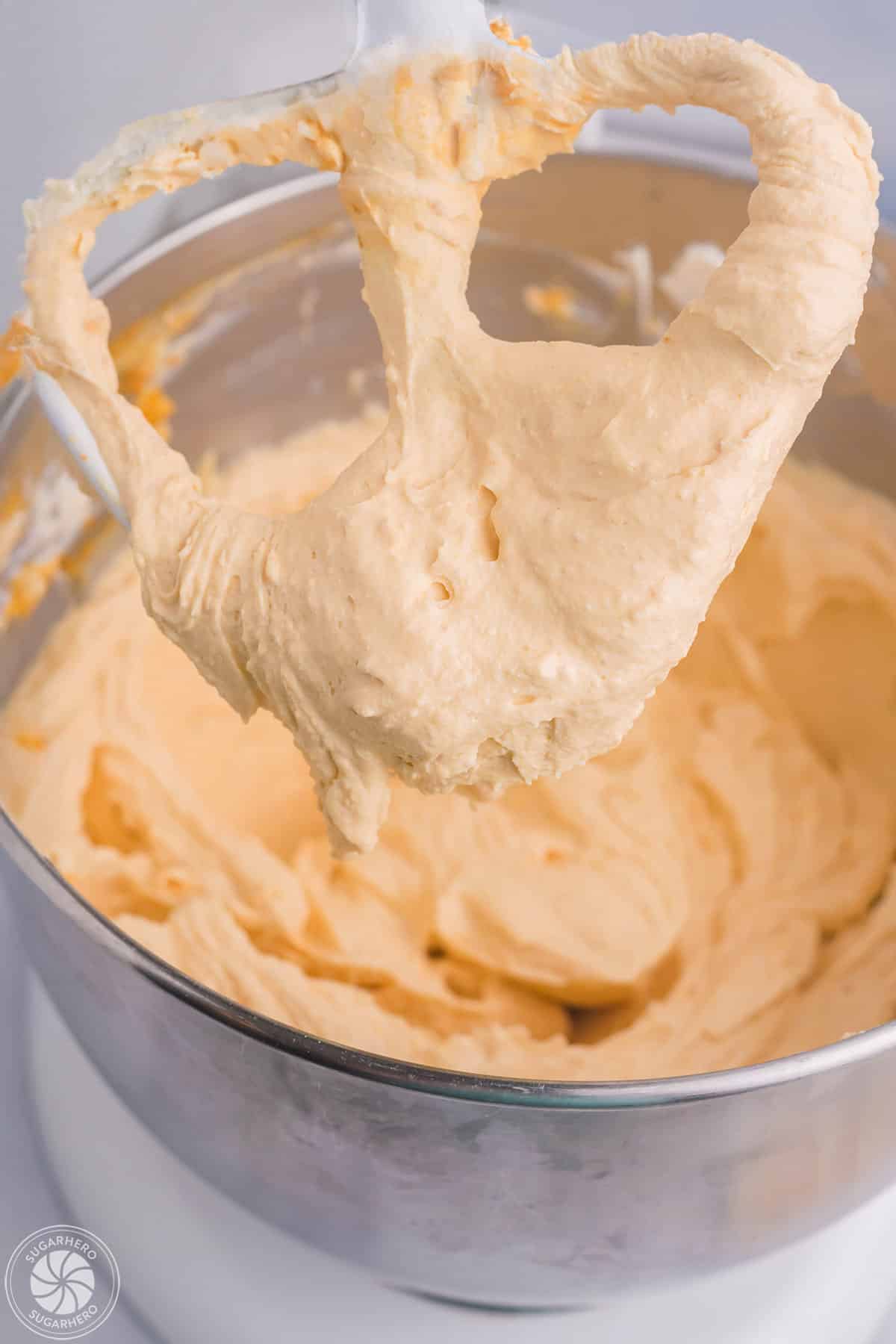 Paddle attachment covered with pumpkin spice cheesecake filling.