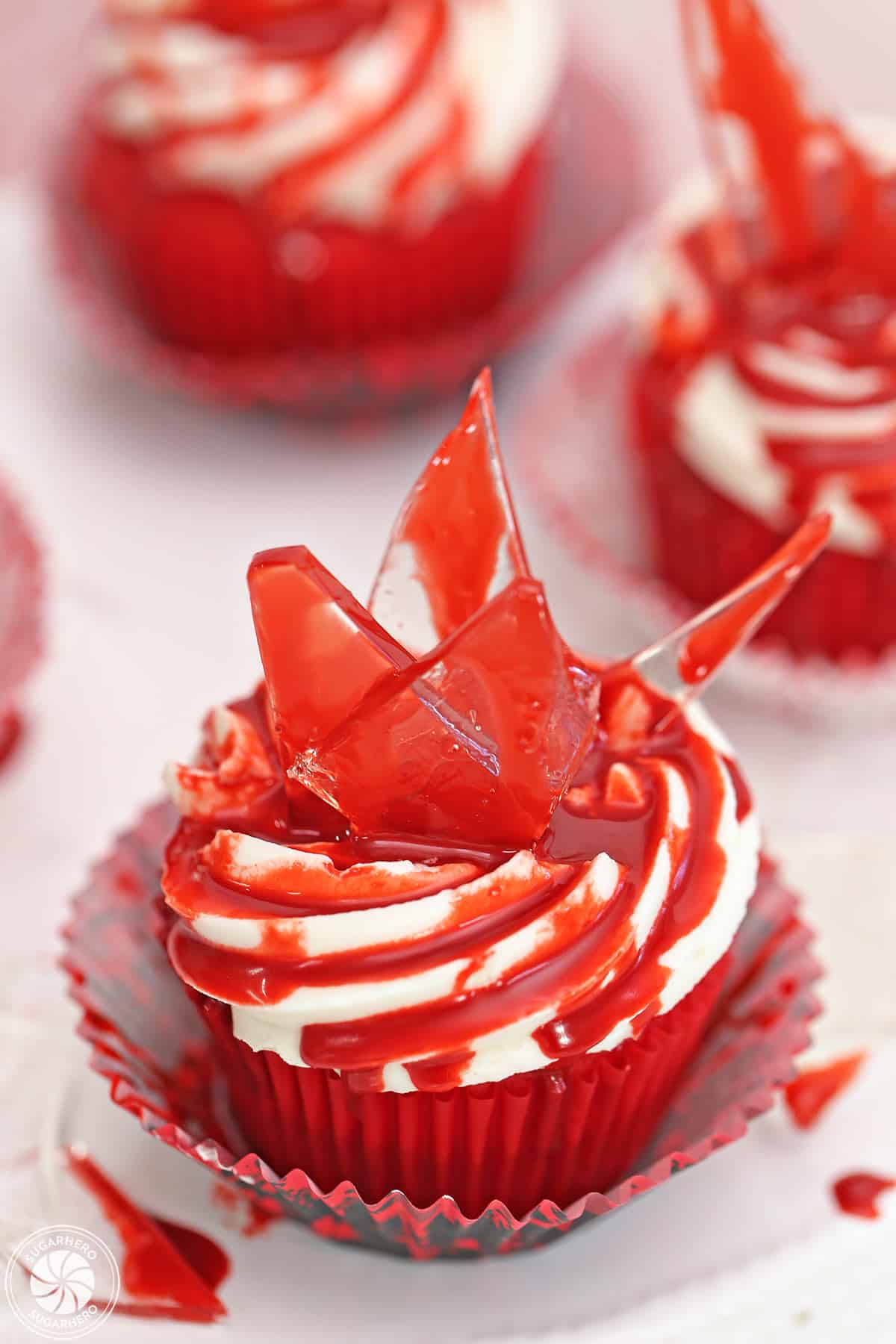 Close up of the top of a bloody glass cupcake.