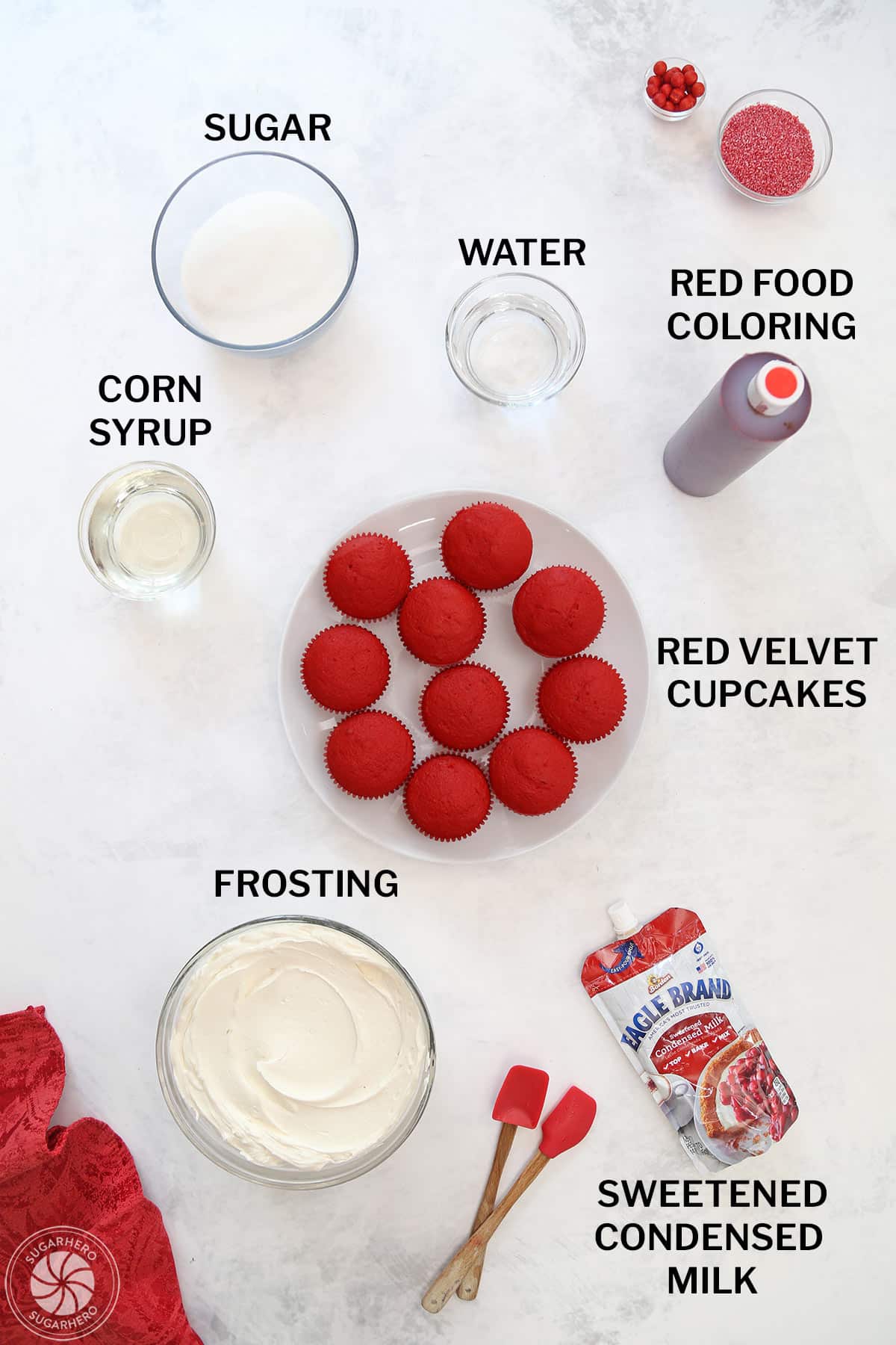 Ingredients needed to make bloody glass cupcakes with text labels.