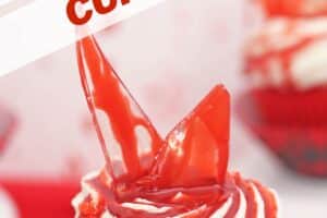 An image of bloody glass cupcakes with text overlay for Pinterest.