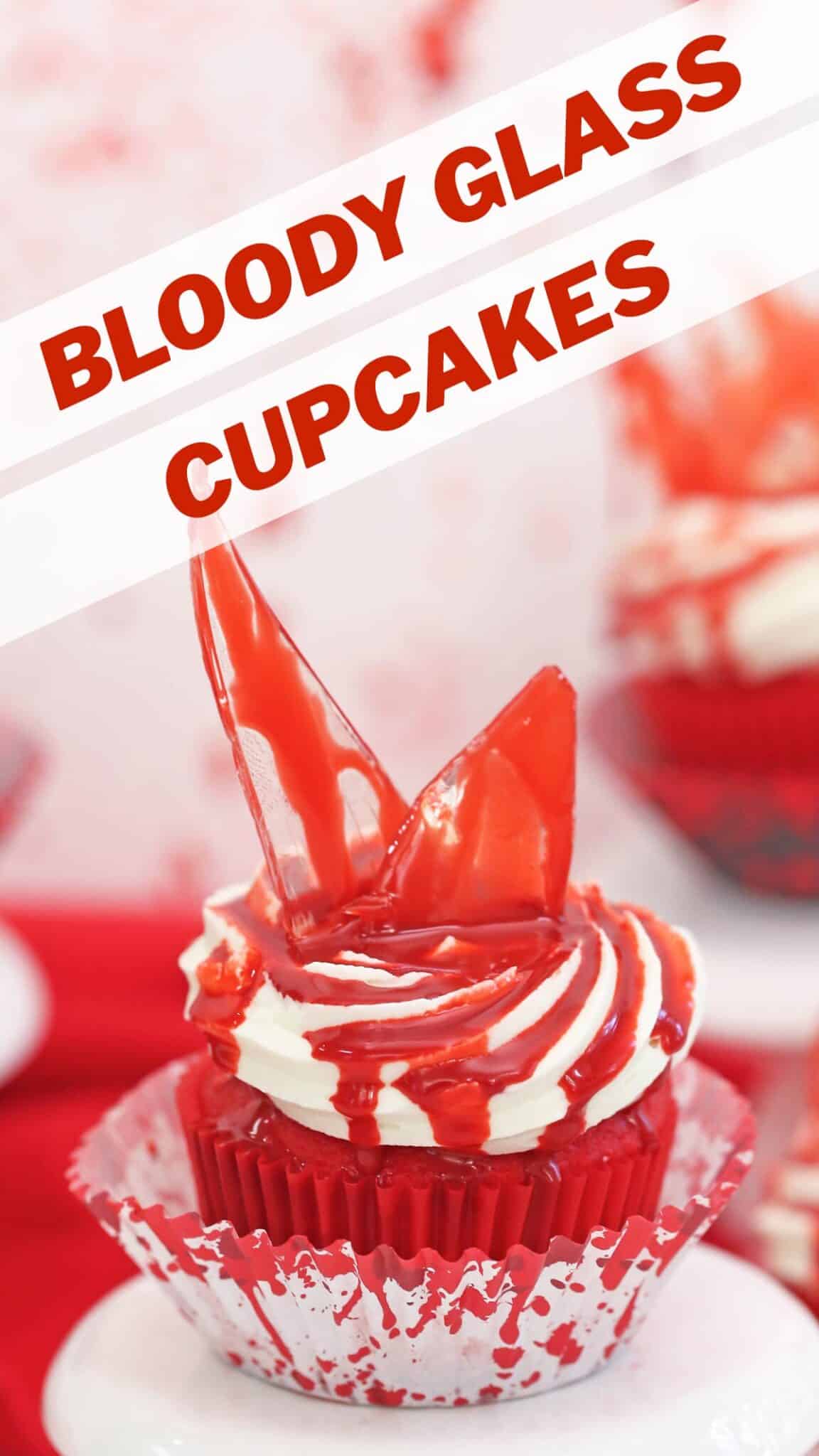 An image of bloody glass cupcakes with text overlay for Pinterest.
