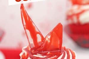 An image of bloody glass cupcakes with text overlay for Pinterest.