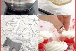 Six photo collage of bloody glass cupcakes with text overlay for Pinterest.