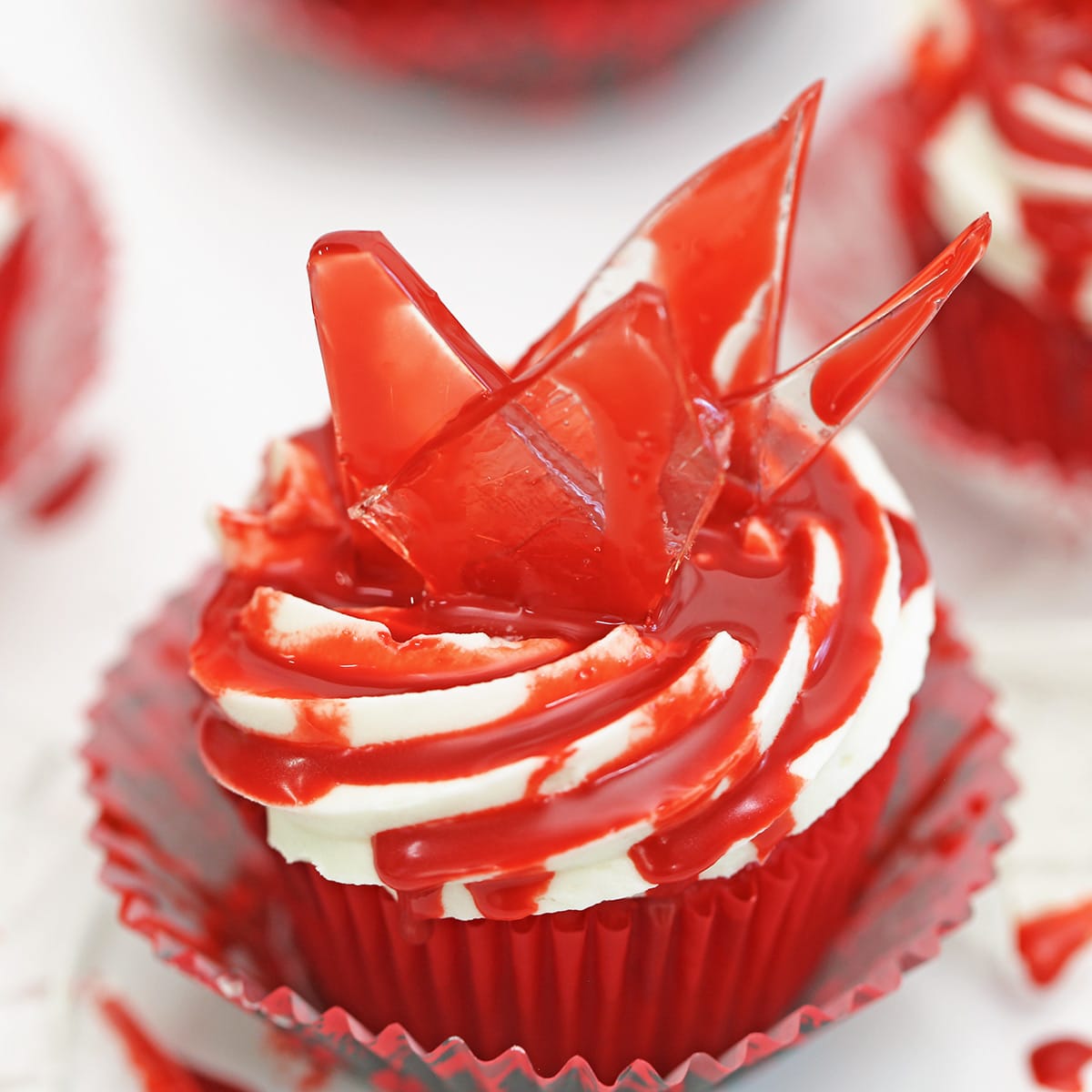 Close up of the top of a bloody glass cupcake.