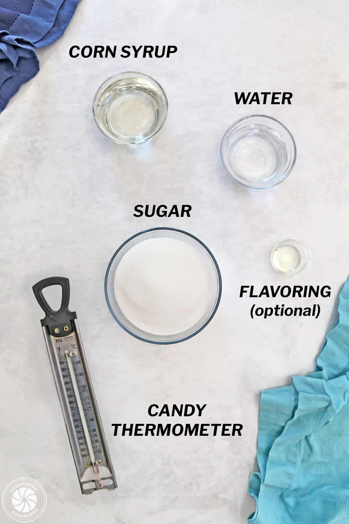 Ingredients needed to make edible sugar glass with text labels.