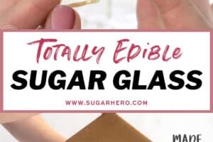 A two photo collage of edible sugar glass with text overlay for Pinterest.