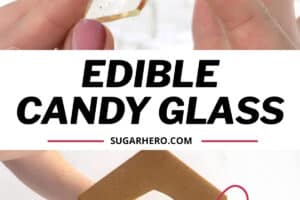 A two photo collage of edible sugar glass with text overlay for Pinterest.