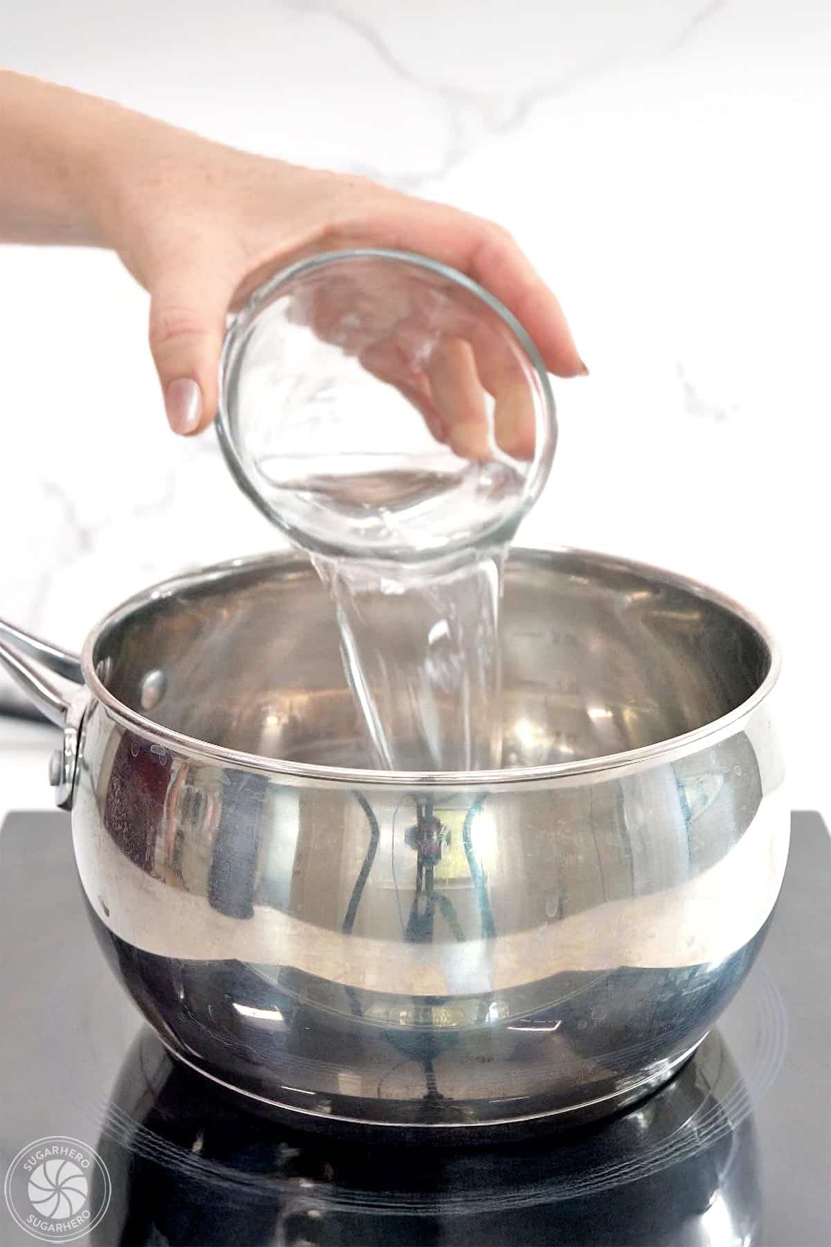 Hand pouring water into a pot.