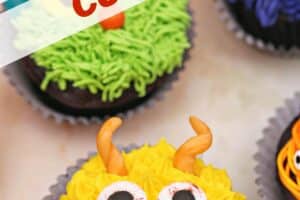 Colorful Monster Cupcakes with text overlay for Pinterest.