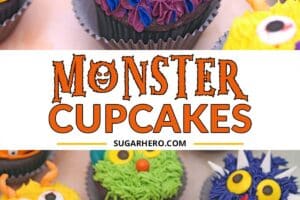 Two photo collage of Monster Cupcakes with text overlay for Pinterest.